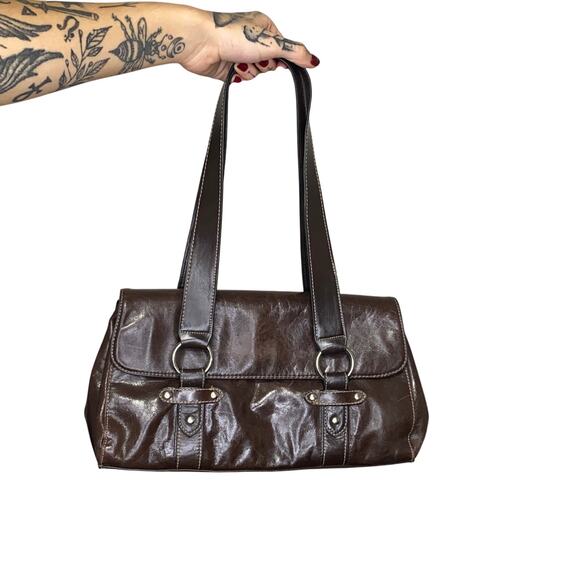 Wilsons Leather Brown O Ring Shoulder Hand Bag Grunge Burnout - Picture 2 of 8